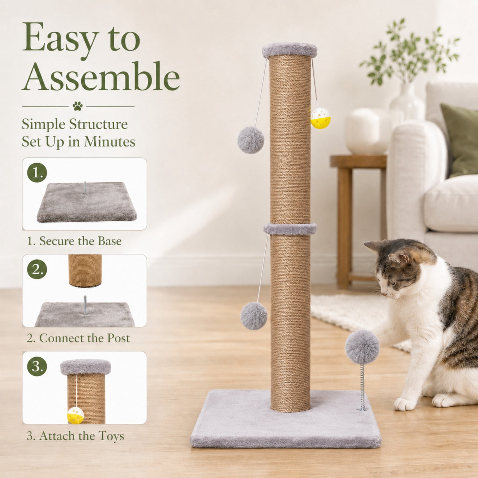 PELUOMOZ Cat Scratching Post 36 in Natural Sisal Rope Scratch Tower with 3.6 in Post and Interactive Toy Gray