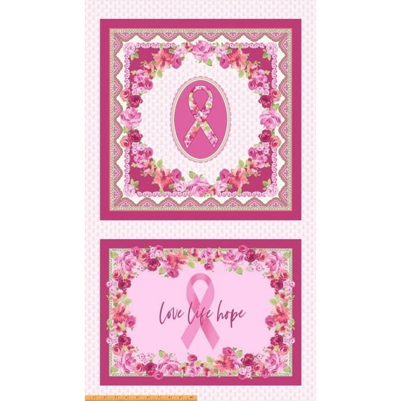 24" X 42" Panel Love Pink Breast Cancer Awareness Love Life Hope Cotton Fabric Panel (52025P-X)