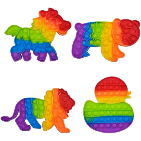 Animals Pop Fidget Toys Set, Silicone Rainbow Dinosaur Popper Fidget Set for Children, Sensory Squeeze Toys Stress Reliever Tool for Kids Adult ADHD Lion, Tiger, Horse and Duck 4 Pack