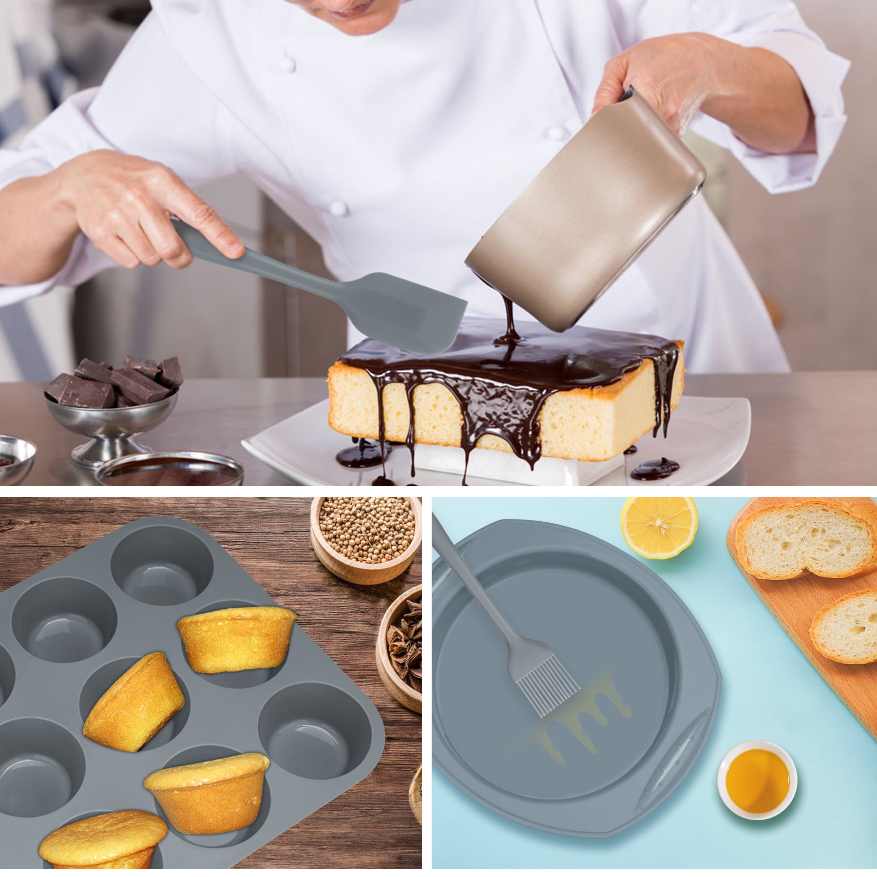 Aschef 7-Piece Non-Stick Silicone Baking Tray Set, Muffin, Loaf, Bread, Pizza, and Cake Pan-Gray