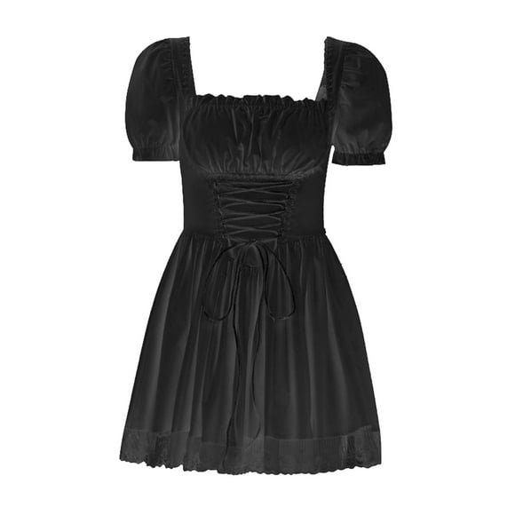 Vestido gótico japonés Lolita con mangas abullonadas y cintura alta, suave para viajes, bailes de graduación y adolescentes. Negro
