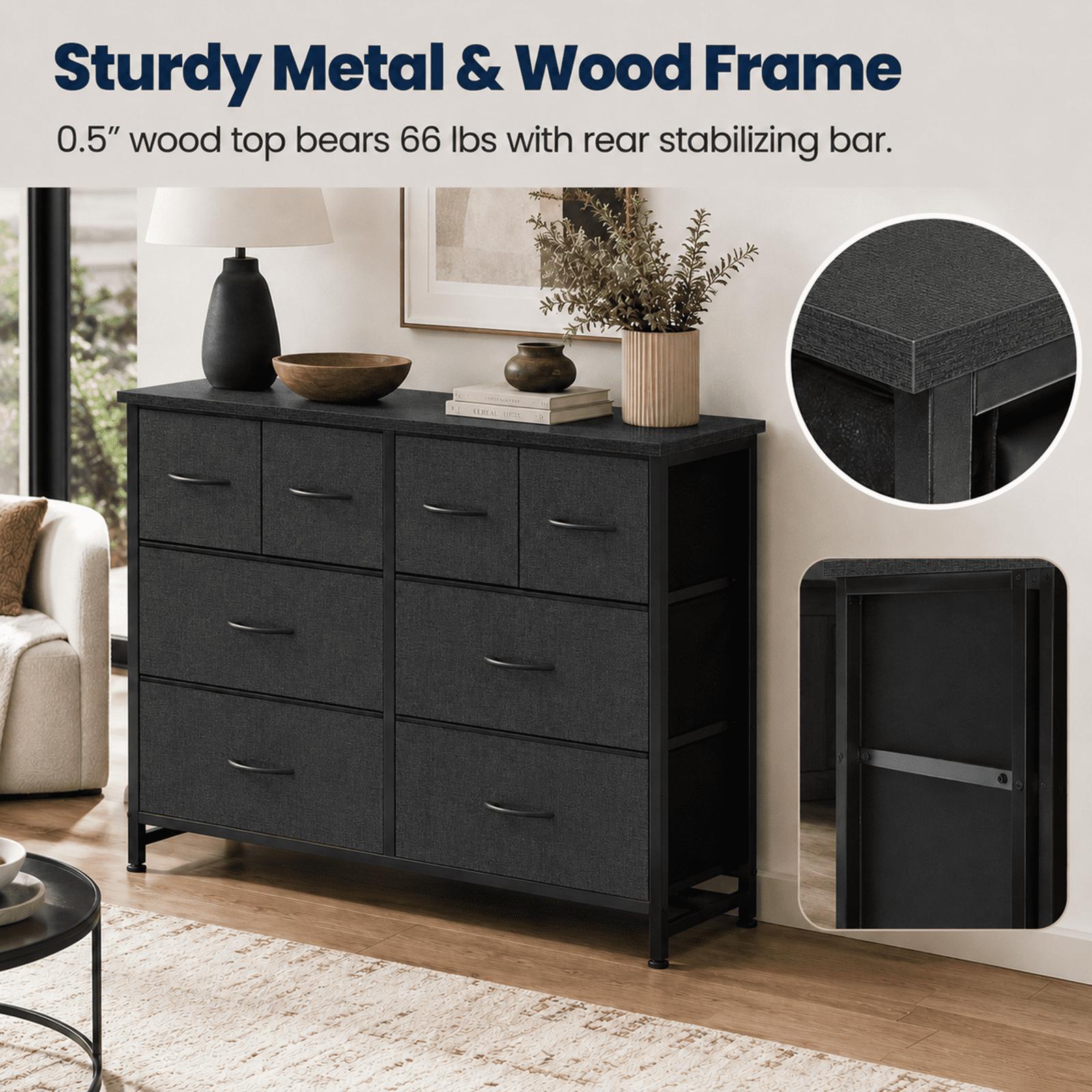 Alvantor Dresser for Bedroom with 8 Drawers, Fabric Dressers Storage Tower with Steel Frame Wood Tabletop, Storage Cabinet, Hallway, Closets