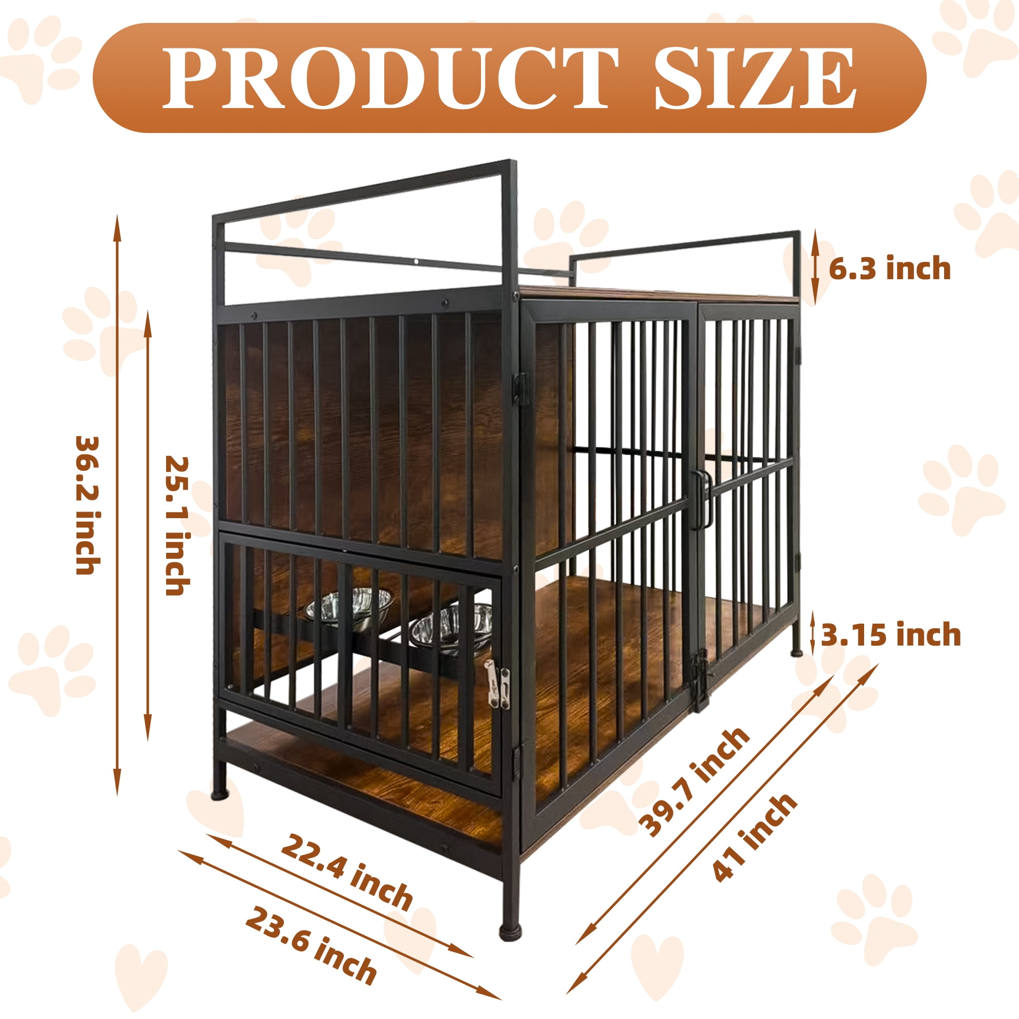Nygira 41 Inch Dog Crate Furniture with 360° Rotatable Bowls, Wooden Kennel with Double Doors for Large Dogs, Indoor Pet House End Table, Rustic Brown