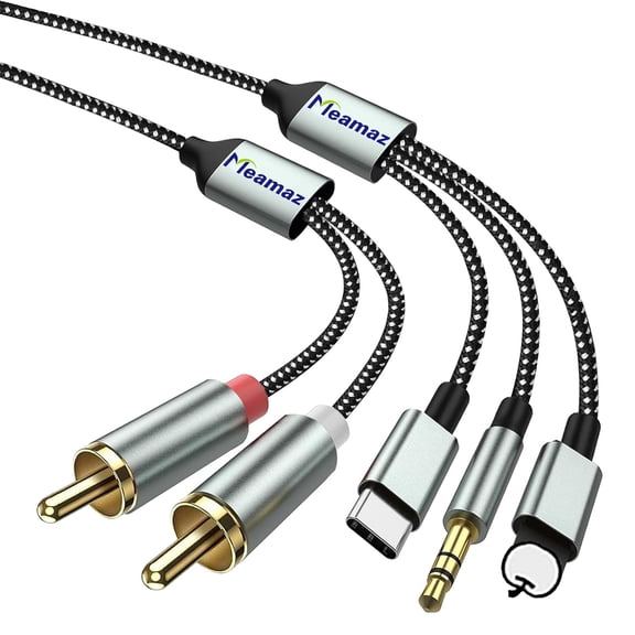 Meamaz 6.56ft Aux USB C to RCA Cable, RCA to 3.5mm, 3-in-1USB C with Hi-Fi DAC Chip,for Home Theater Amp Subwoofer,Compatible with iPhone