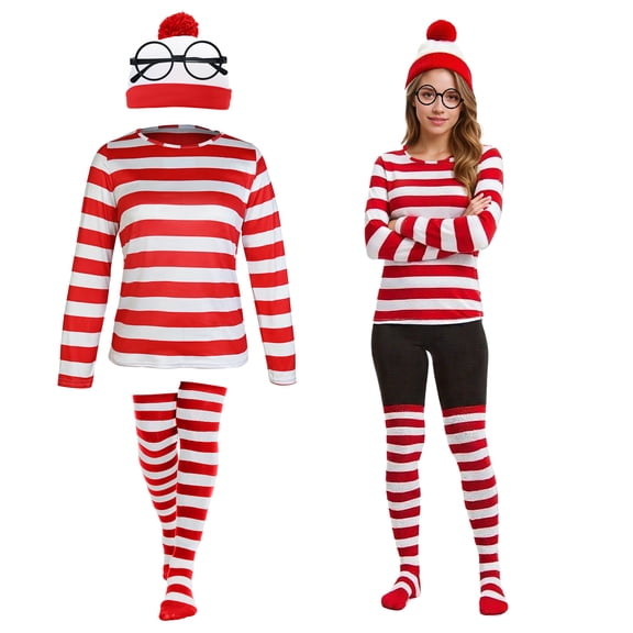 GYQMBT Adult Women Red and White Striped Shirt,Funny Halloween Costume,Classic Movie Characters Costume with Shirt Hat Socks and Glasses Set,S