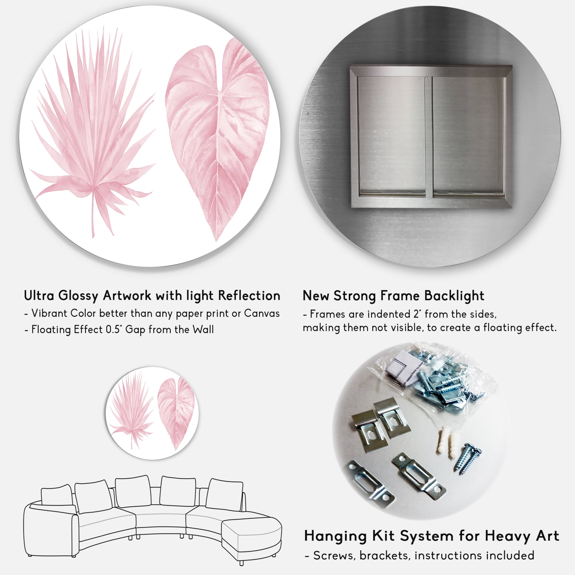 Designart 'Tropical Pink Watercolour Leaves On White II' Shabby Chic Circle Metal Wall Art 36x36 - Disc of 36