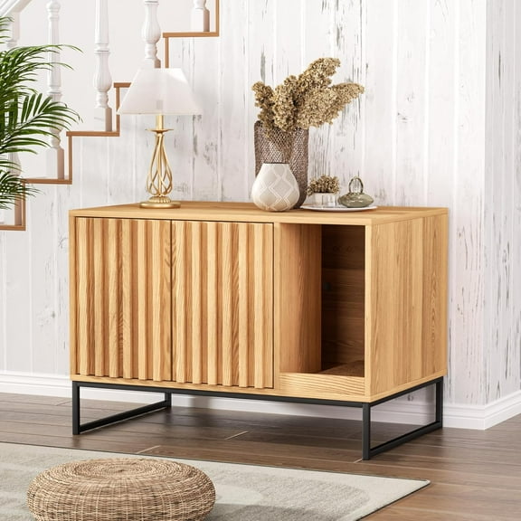 Litter Box Enclosure, Modern Fluted Hidden Litter Box Furniture,Cat Litter Box Enclosure with Scratching Mat,Cat House Side End Table,Natural