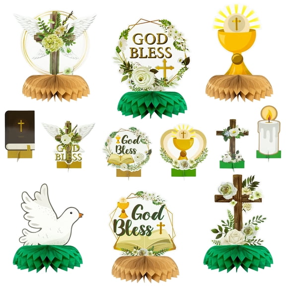 God Bless Honeycomb Centerpieces, Christian Baptism Table Decor with Olive Branch & Peace Pigeon for Easter Party,12pack