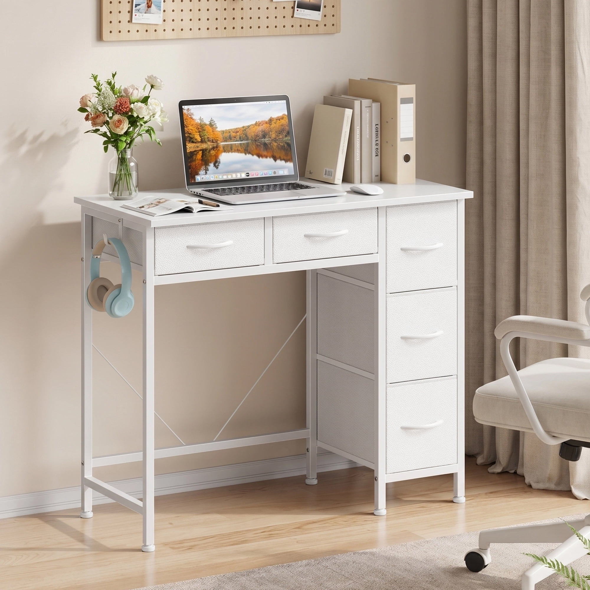 HIGDBFE Small Desk with 5 Fabric Drawers, Computer Desk with Iron Hook for Bedroom Home Office, White