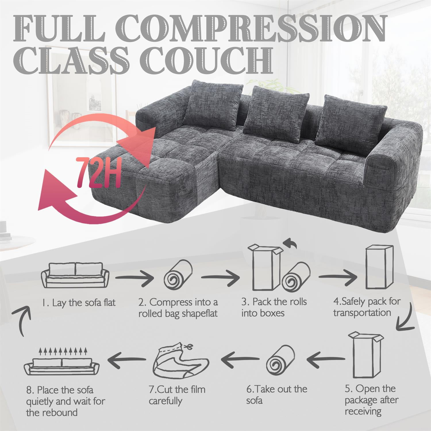 Demi Bonn 98" L-Shaped Modular Sectional Sofa with Chaise, Side Pockets, Modern Comfort Couch, Compression-Free Installation for Living Room, Gray