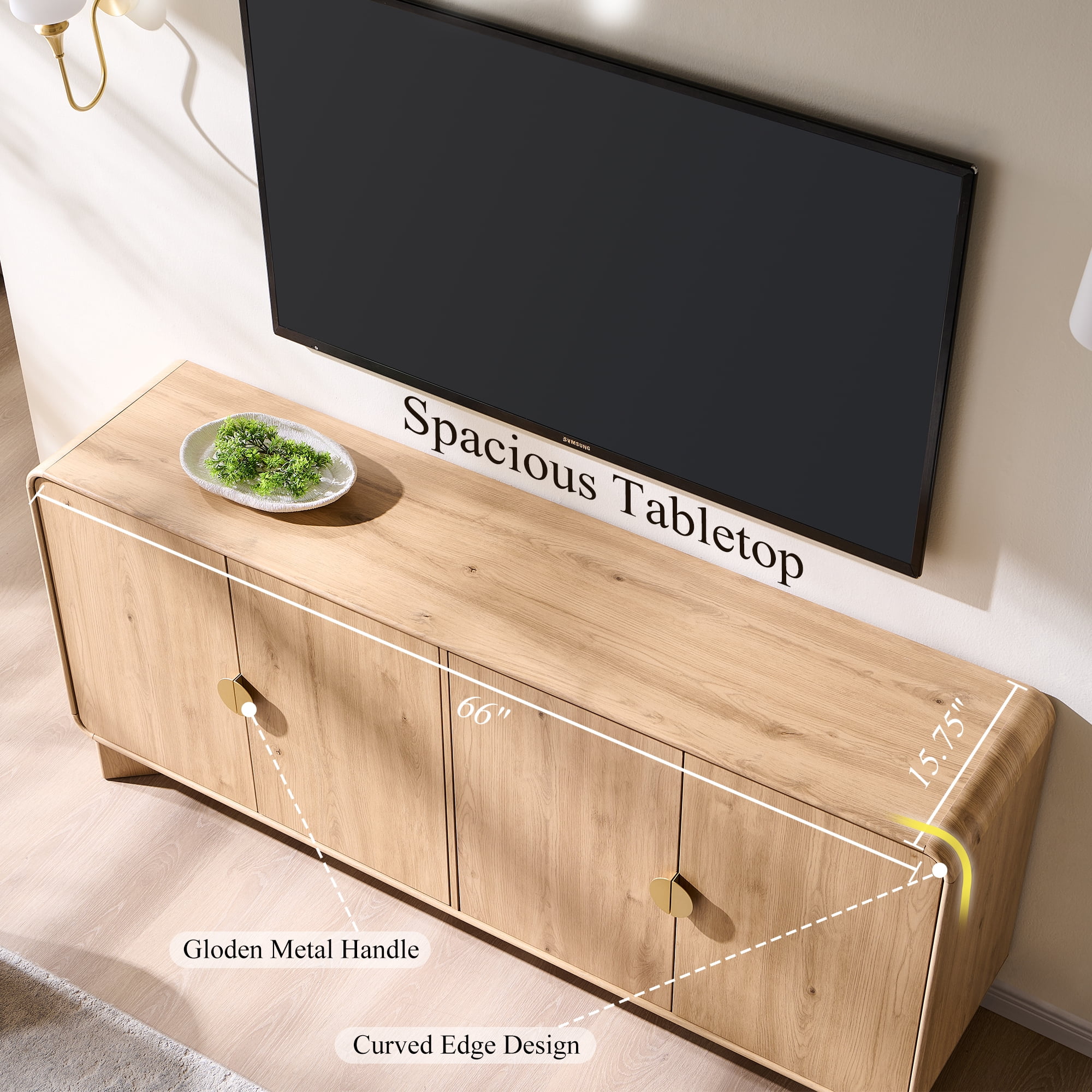 SinCiDo Modern TV Stand for TVs Up to 80 inches, Entertainment Center with Adjustable Shelves, Curved Profile Design, Media Console for Living Room, Natural