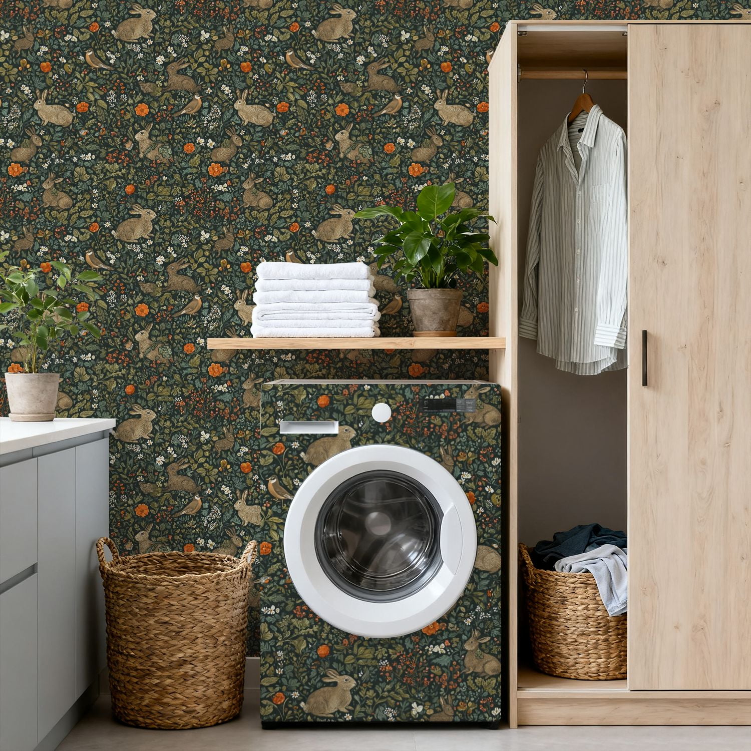 Hunt Peel and Stick Wallpaper 17.7in x 9.8ft Whimsical Floral Hares Birds Earthy Tones Contact Paper Vinyl Waterproof Self Adhesive Wall Paper for Bedroom Shelf Cabinet Renter Friendly