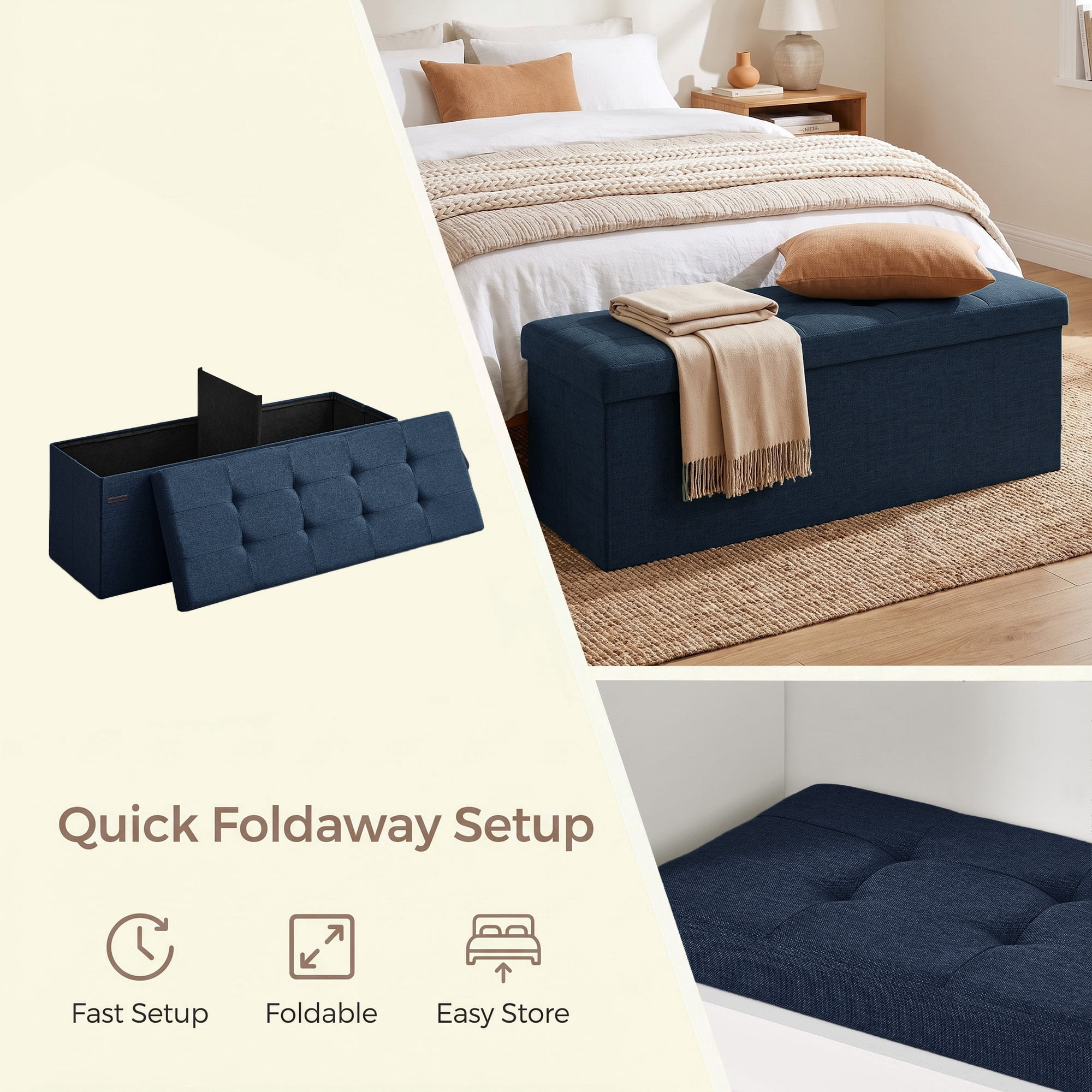 Ledrem Large Foldable Storage Ottoman Bench, 660lb Capacity, Footrest, Midnight Blue