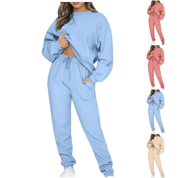 Dazajoo Womens 2 Piece Fleece Jogger Sets Long Sleeve Pullover Tops and Elastic Waist Drawstring Pants Fall Winter Outdoor Tracksuits with Pockets,Blue,M