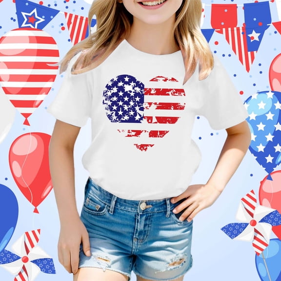 Usa 250Th Anniversary Shirt Girls Independence Day Heart Print Crew Neck Short Sleeve Breathable Tops for Fourth Of July White 3 Years-4 Years