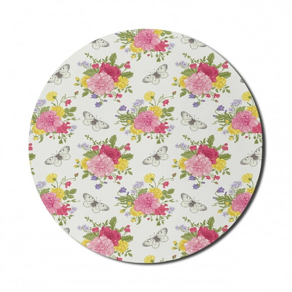 Shabby Flora Mouse Pad for Computers, Peonies Roses and Peas Bell Colorful Bouquet Butterflies Botany Garden, Round Non-Slip Thick Rubber Modern Gaming Mousepad, 8" Round, Multicolor, by Ambesonne