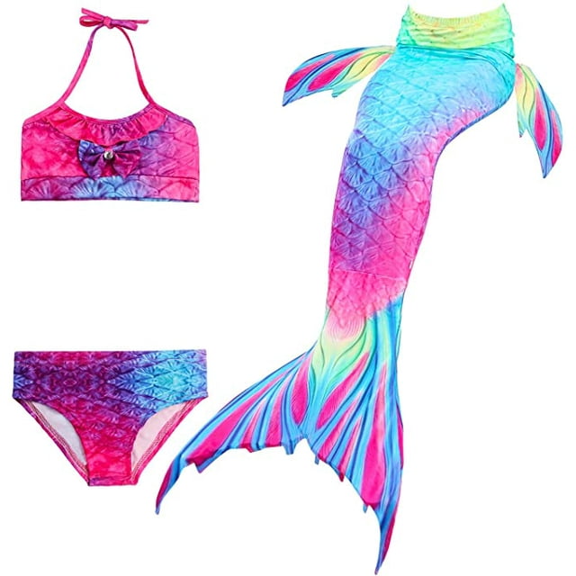 3 Pcs Girls Swimsuit Mermaid Tails for Swimming Princess Bikini Bathing Suit Set DH02 Pink 120