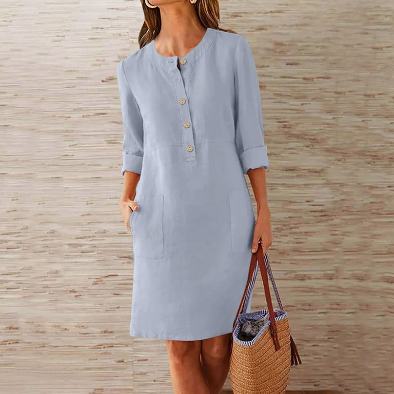 Huresd Women Plus Size Dress Short Sleeve Henley Cotton Linen