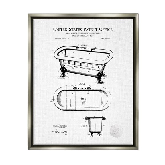 Stupell Industries Vintage Claw Tub Patent Graphic Art Luster Gray Floating Framed Canvas Print Wall Art, Design by Karl Hronek
