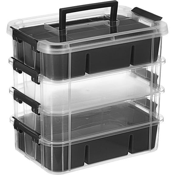 4-Tiers Stack Carry Storage Box With 2 Divided Tray, Transparent Stackable Storage Bin With Handle Lid Latching Storage Container for School & Office Supplies, Black