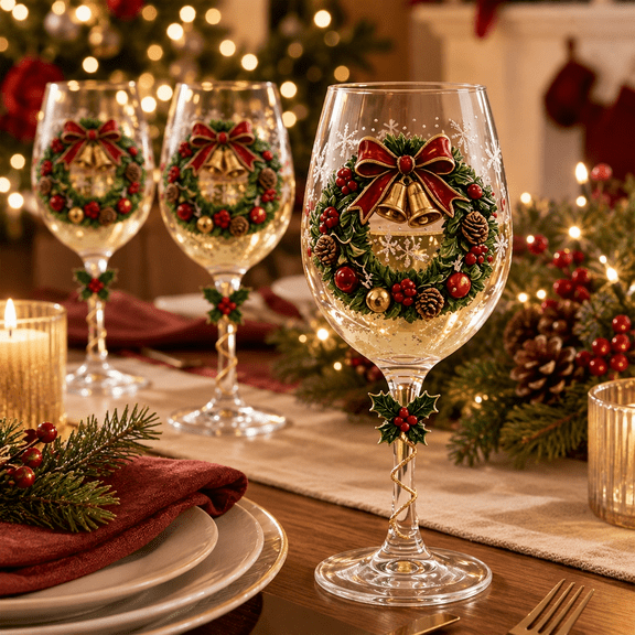 Christmas Wine Glass,7.2in Hand-Painted Crystal Goblets, Festive Holiday Stemware with Rim Details, Elegant Glassware for Wine and Cocktails A