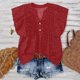 thumbnail image 2 of Tops de Color Sólido para las Mujeres Blusas de Cuello en V Manga Corta Plisada, Botón de Moda Casual, 2 of 7
