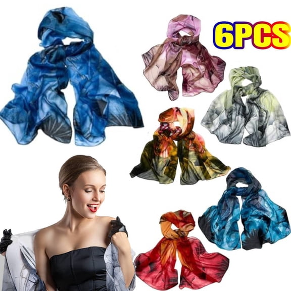 YangNengwen 6 Pack Lightweight Scarfs for Women, Ultra Thin Scarves Floral Pattern Dressy Scarf Lotus Print Long Chiffon Georgette Thin Shawl Scarves