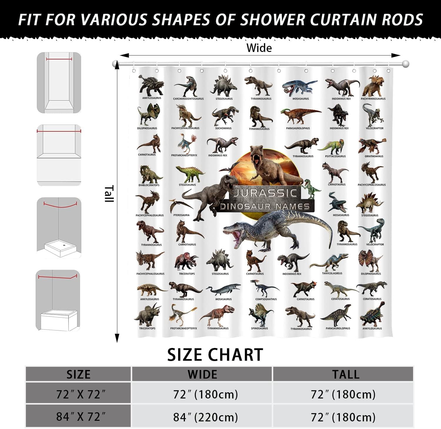 Kids Dinosaur Shower Curtain for Bathroom - Funny Jurassic Dino World Park Shower Curtain Sets Bathtub Decor with 12 Hooks Washable Durable Polyester Fabric 72"x72"