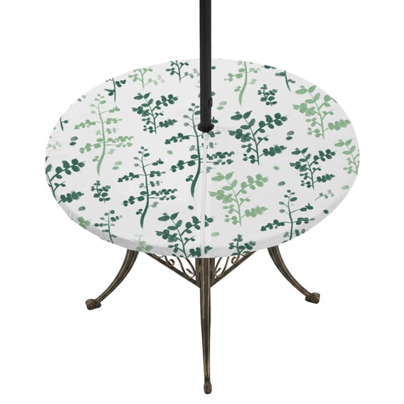 Outdoor Tablecloth with Umbrella Hole and Zipper Sage Green Leaves Round Fitted Table Cover with Elastic Waterproof Farmhouse Leaf Branches Plants Patio Tablecloths for Picnic BBQS Fit 55"-60"