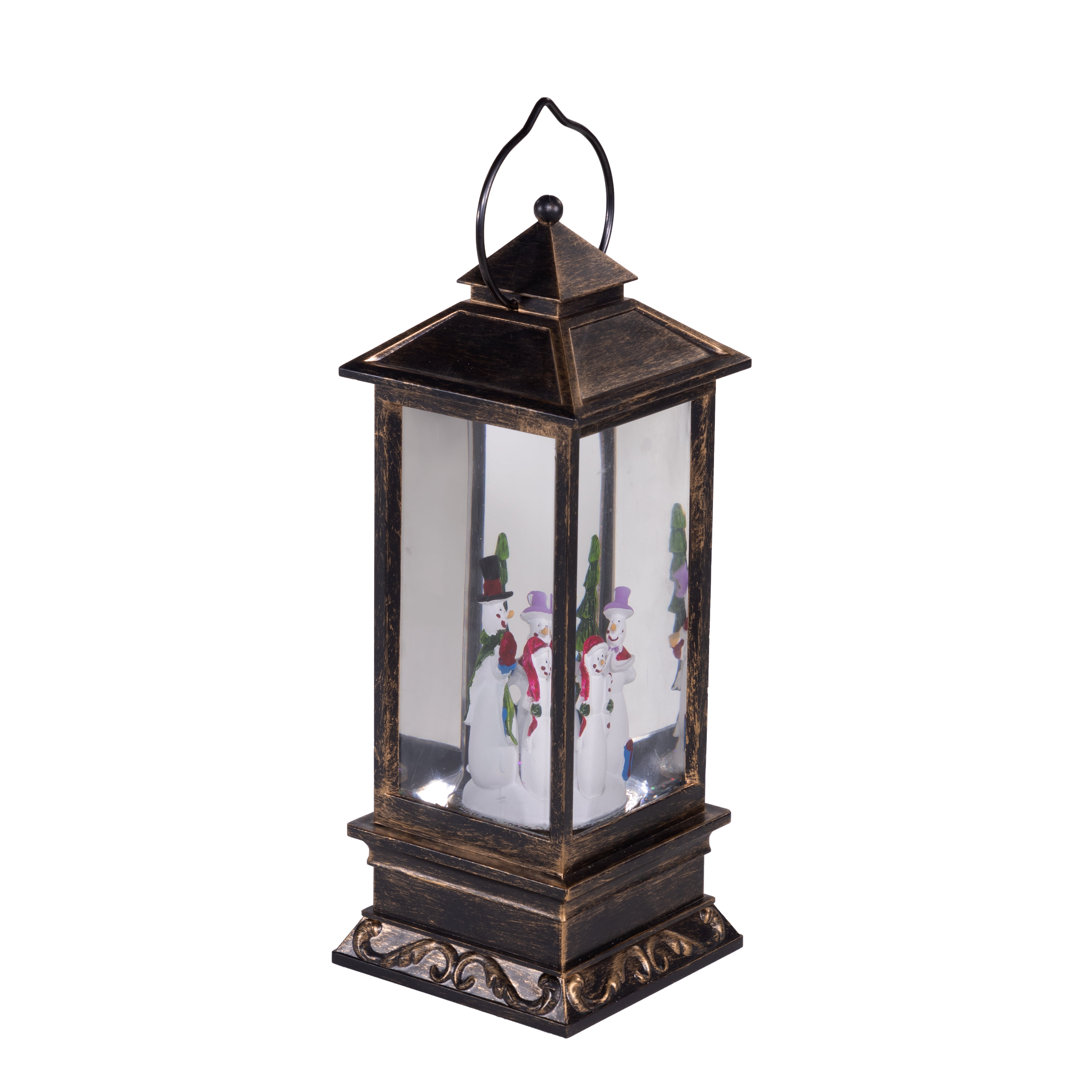 Alpine Corporation Lantern Snowman Snow Globe with LED Light, Brushed Bronze