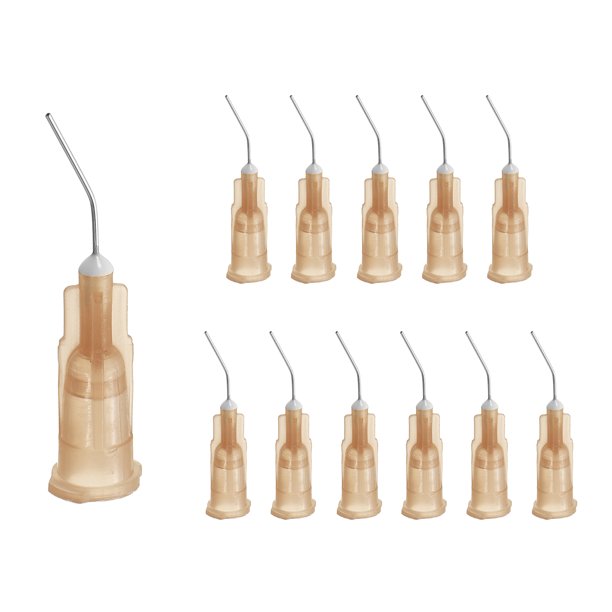 Paquete de 12 puntas de aguja de dispensación precurvadas, aguja de acero inoxidable de 26 gauge con punta de 45 grados, aguja dispensadora de punta roma de 0.5" con luer slip, marrón claro
