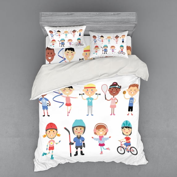 Sports Duvet Cover Set, Hockey Player Roller Skating Girl Fitness Gymnastics Game Hobby Baby Cartoon, Bedding Set with Shams and Fitted Sheet, 3 Sizes, by Ambesonne