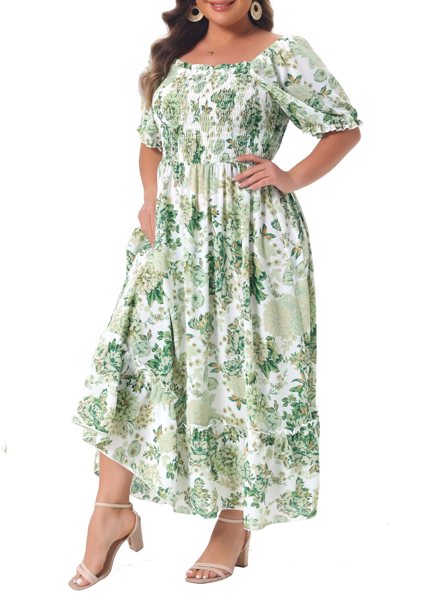 DARING DIVA Women's Plus Size Short Sleeve Square Neck Maxi Floral Dress 3X Green