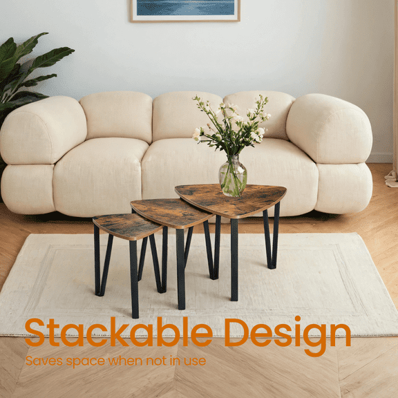 3-in-1 Storage Nesting Tables Set - Industrial Metal Frame Stacking End Tables with Organizer Shelves, Space Saving Coffee Table System for Living Room & Bedroom (Rustic Brown, 3pcs)