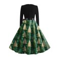 thumbnail image 5 of Women's Fashion Round Casual Slim Fit Christmas Print Large Swing Long Sleeve Dress, V-Neck, Holiday Print, Retro Style, Party Wear, Flare Hem,Army Green,S, 5 of 6