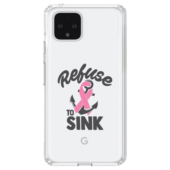 DistinctInk Clear Shockproof Hybrid Case for Google Pixel 4 XL (6.3" Screen) - TPU Bumper Acrylic Back Tempered Glass Screen Protector - Pink Ribbon Cancer - Refuse to Sink Anchor