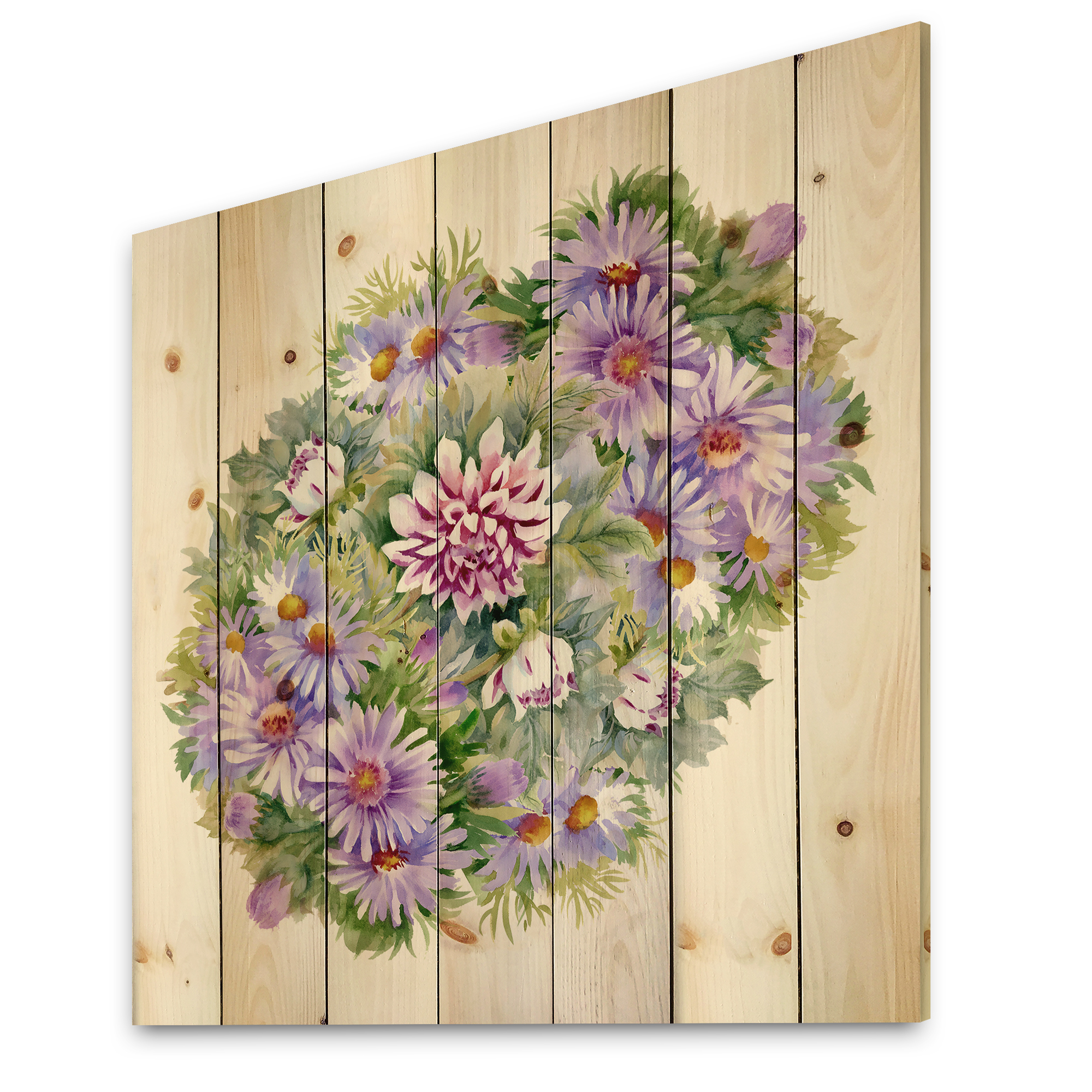 Designart 'Bouquet With Daisies and Purple Chrysanthemums' Traditional Print on Natural Pine Wood