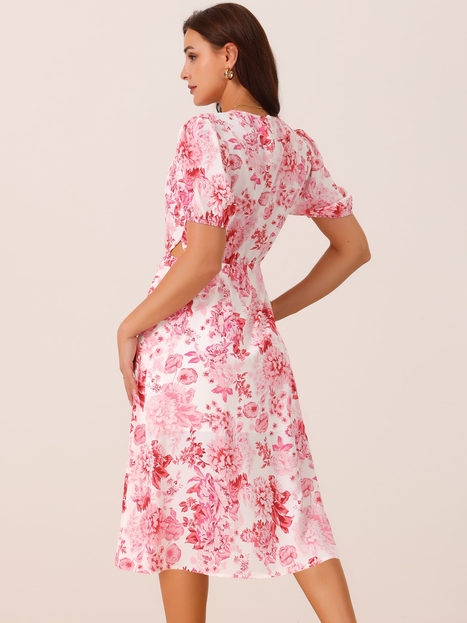 DARING DIVA Women's Puff Sleeve Cutout Waist Midi Floral Dress with Pockets L Pink