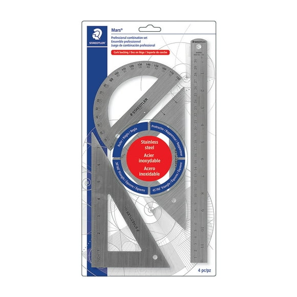 Set de matemáticas STAEDTLER de acero inoxidable con regla, 2 triángulos