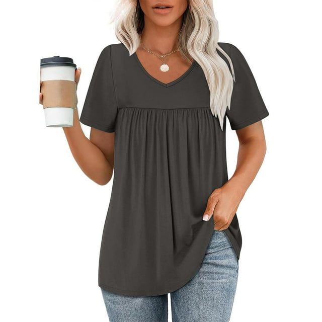 SwiftWear Women's-Plus-Size-Summer-Tops 2025 Pleated V Neck T Shirts Short Sleeve Blouses Ruffle Tunics