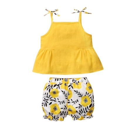 

Infant Baby Girls Clothes 3Y Toddler Girls Girls Summer Short Outfit Sets 4Y Sling Tops Elastic Floral Shorts 2PCS Set Yellow
