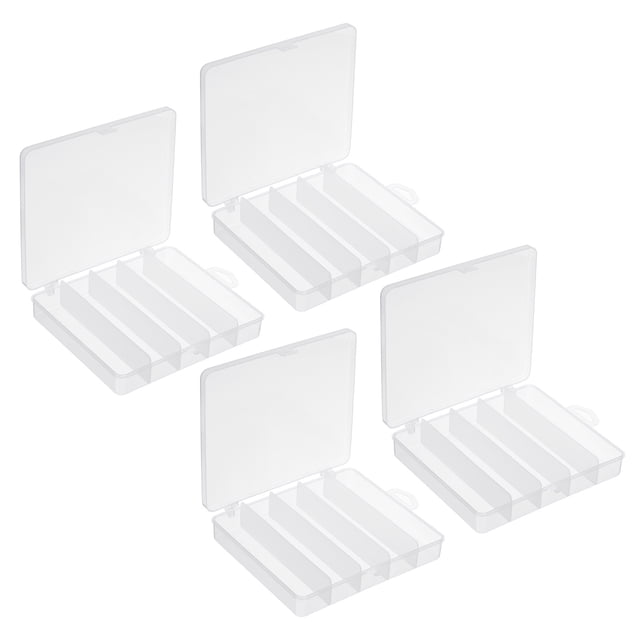 Unique Bargains Fishing Tackle Box, 4 Pack 6.9 x 6 x 1.2 Inch Plastic 5-Grid Fish Lure Bait Hooks Accessory Storage Container, Clear