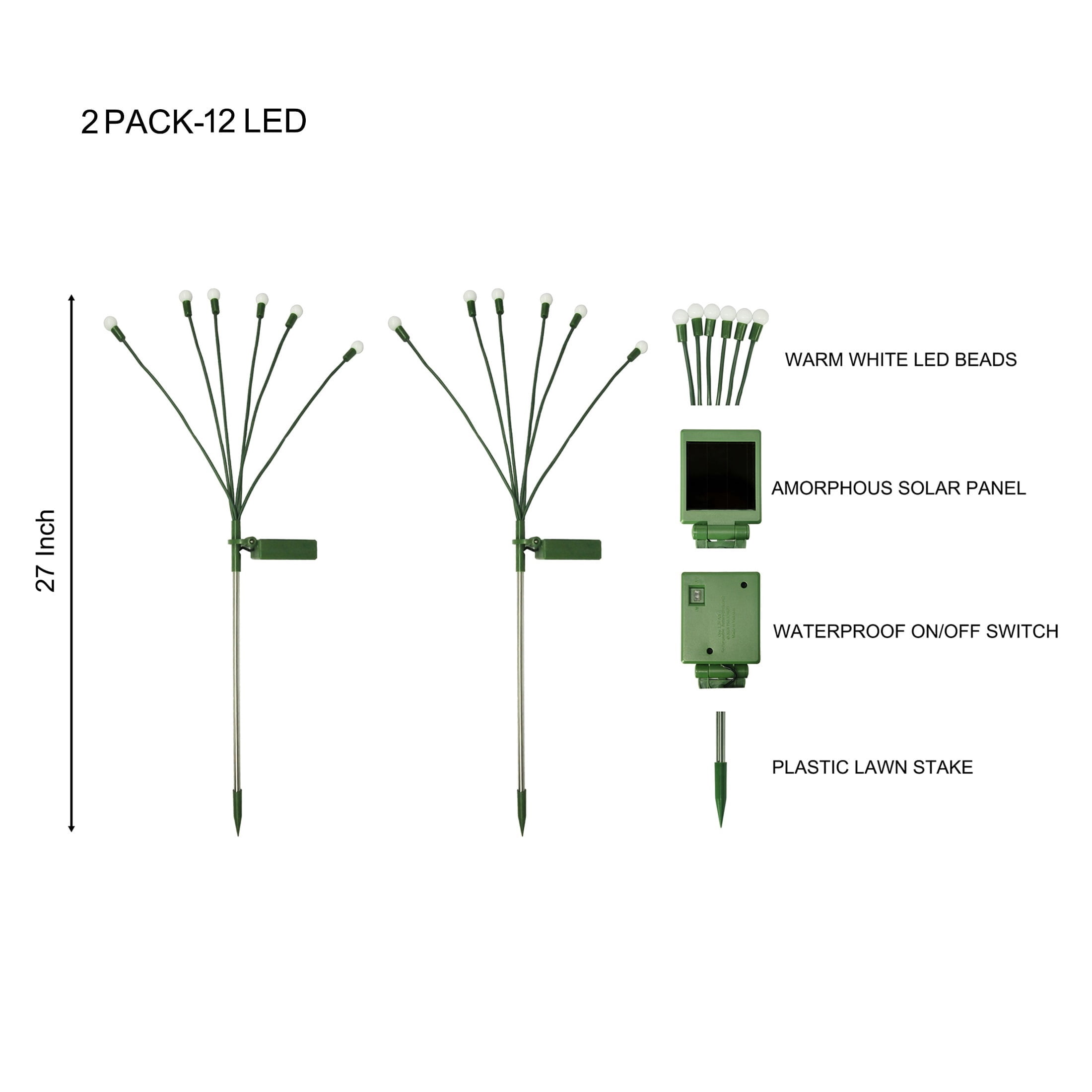 Outdoor Solar-Powered LED Fireflies Yard Stakes, Warm White, 27", 2 Count, by Holiday Time