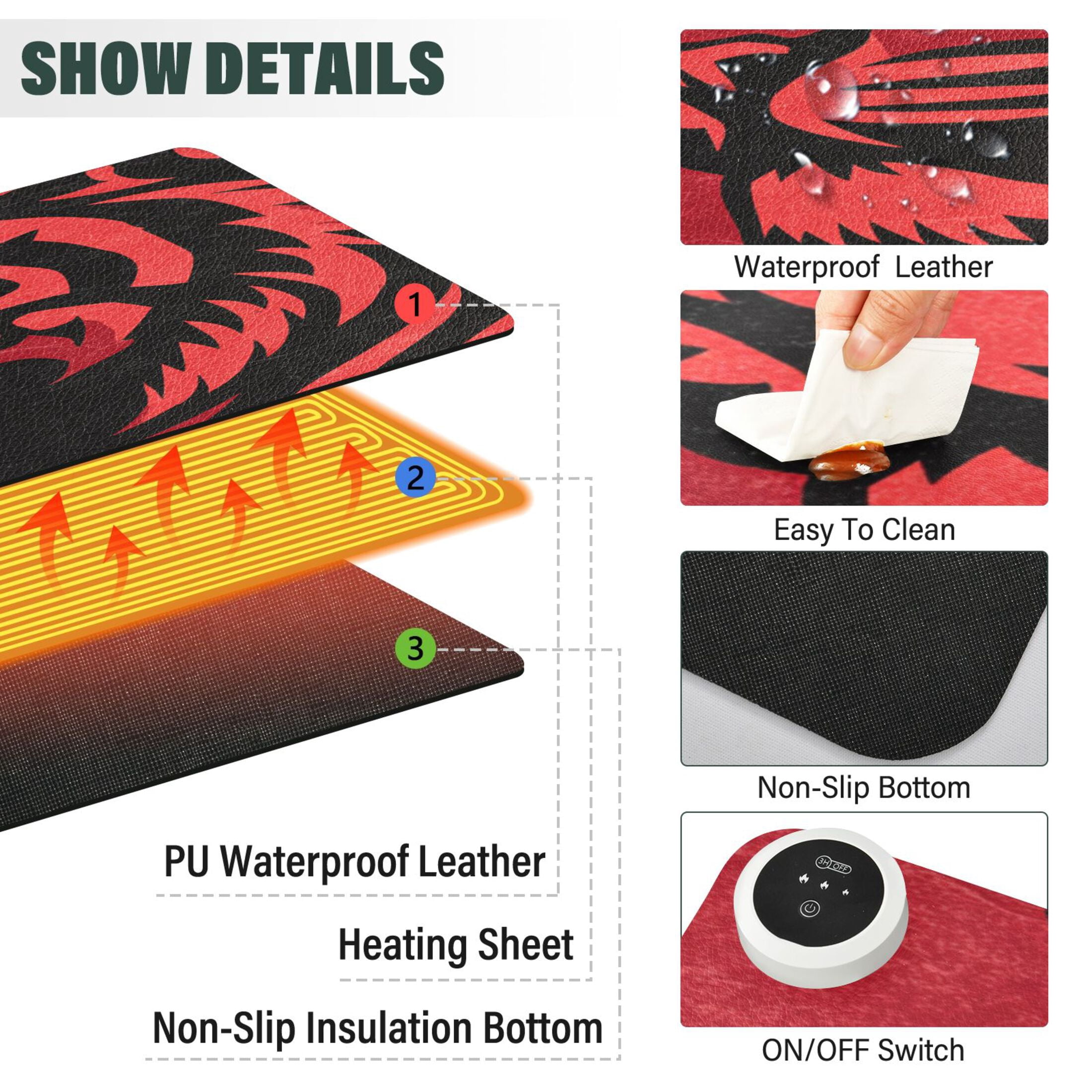 Large Heated Desk Mat Mouse Pad 31.5"x13"PU Leather Graphene Heating Desk Warmer with 3 Temperature Settings 110V US Plug Non-Slip Warm Pad for Home, Office, and Gaming Graphic Tiger Head Pattern