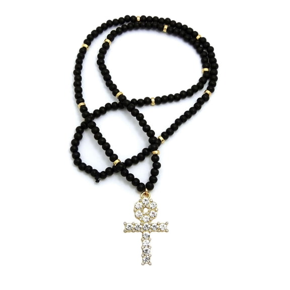 Unique Fashion 21 Egyptian Pave Ankh Pendant 6mm 30" Wooden Bead Necklace