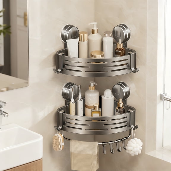 Triangle Suction Cup Storage Rack in Gray for Bathroom Corner Organizer