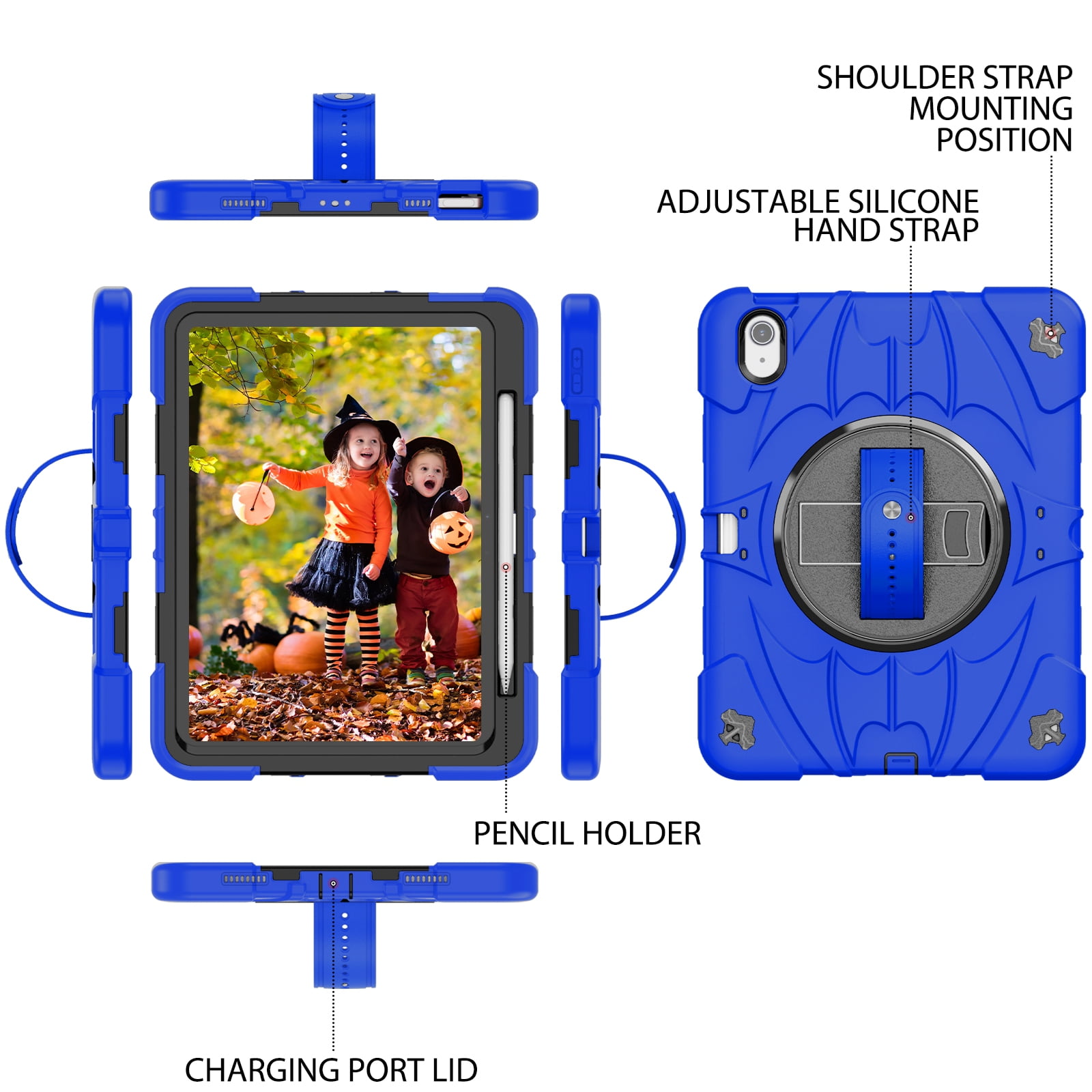 ELEHOLD Case for Apple iPad Air 11 (2024), Heavy Duty Shockproof Case with Pencil Holder/Stand/Hand Strap/Shoulder Belt, Rugged Protective Cover for Boys Girls,Blue