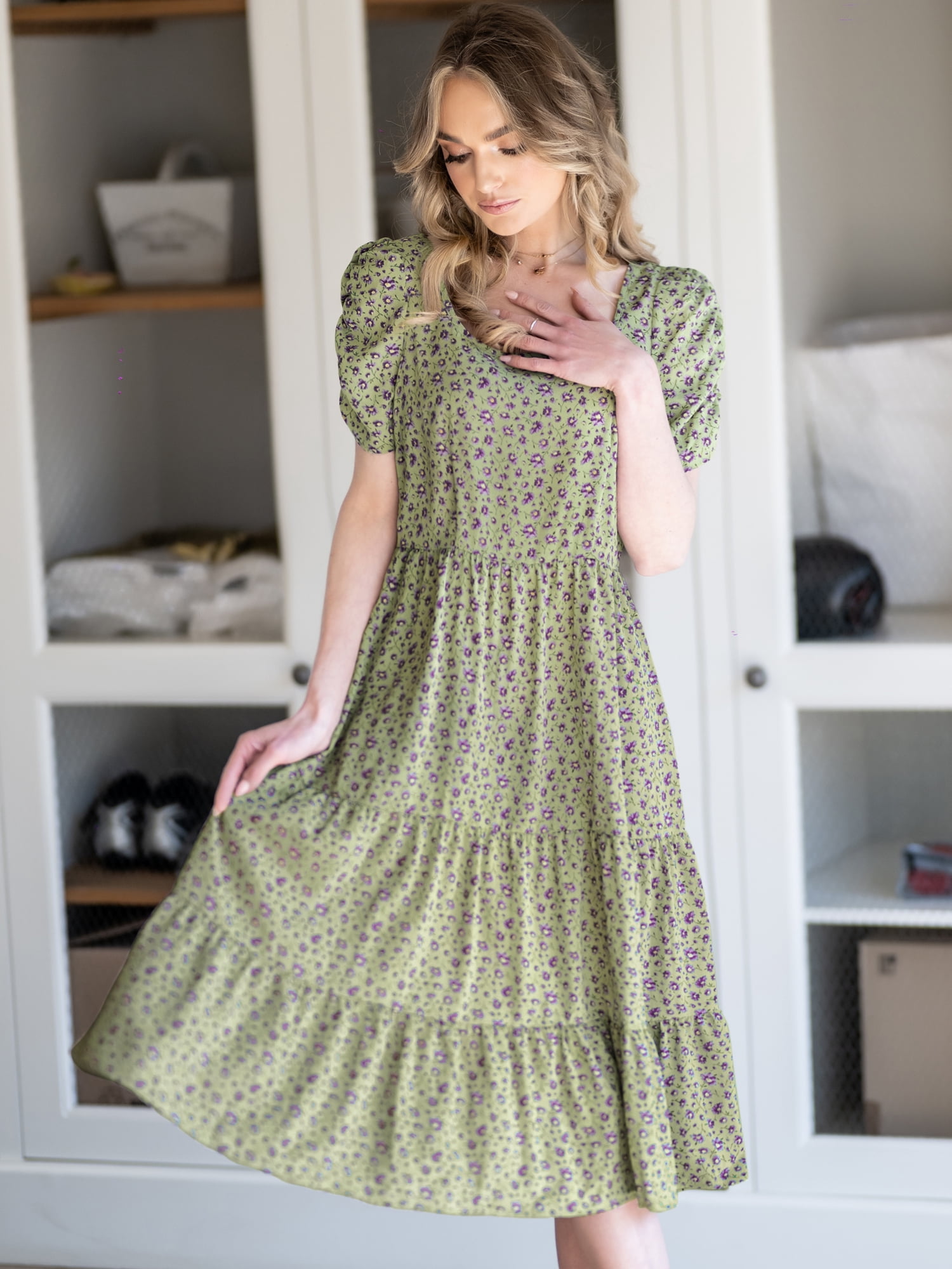DARING DIVA Square Neck Puff Tiered Ruffled Hem Dress M Green Purple