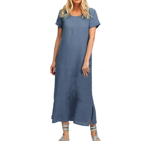 Wenini Womens Summer Casual Fashion Solid Maxi Dresses Round Neck Short Sleeve Loose Sundress Split Hem T-Shirt Dress with Pocket Gray s