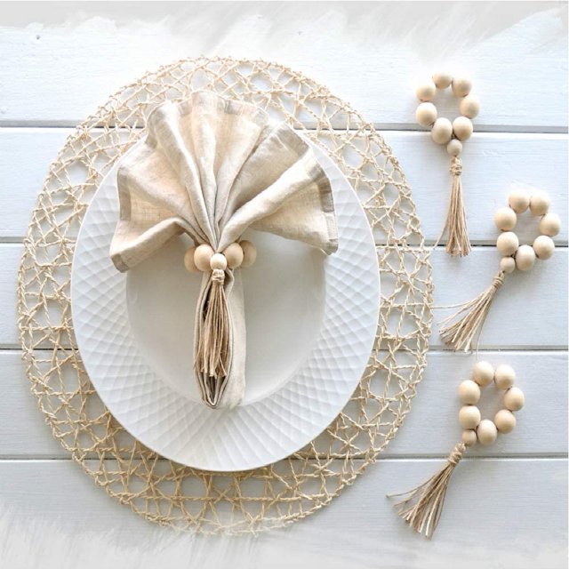 Set Of 6 Beaded Wood Napkin Rings with Table Setting Wedding Party DéCor Accessories Napkin Holder Natural Style